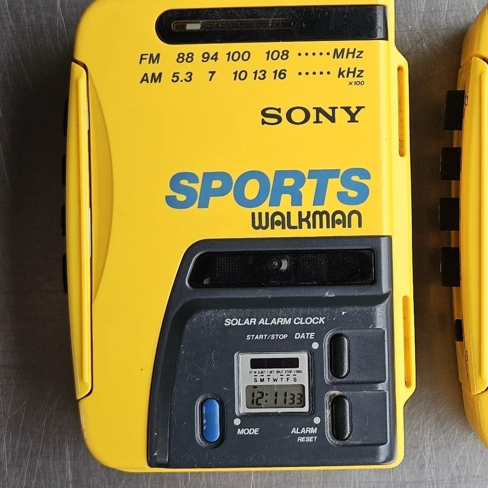 TWO Vintage Sony Yellow Sports Walkman WM-AF58 Radio Cassette Player Solar Alarm